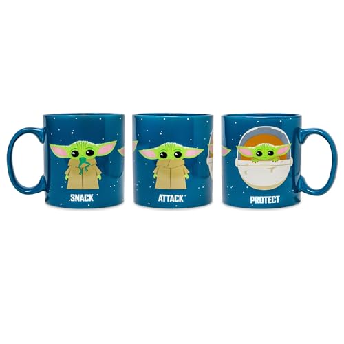 Image of Silver Buffalo Star Wars The Mandalorian The Child Baby Yoda Grogu Protect Attack Snack Ceramic Coffee Mug, 20-Ounces