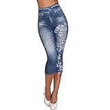 Damen Capri Leggings Damen High Waist Capri 3/4 Leggins Strass Blumen Steine Hose Jeans Look Leggings Jeggings Optik 253 (Blau 218, L-XL)