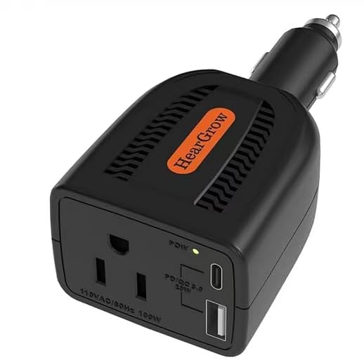 HearGrow100w Car Power Inverter 12V DC to 110V AC Vehicles Converter with USB PortsPlug Adapter Outlet and Fast Charging PD3.0 Type-C for Phones Pads Laptops and Computer Charger