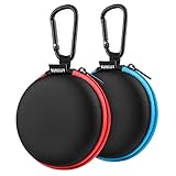 Picture of SUNGUY [2-Pack Earbuds Case, Small Round Pocket Earbud Travel Carrying Case Pouch with Carabiners for Earbuds, Headsets, in-Ear Headphones, Hearing Aids, USB Cable and More (Red + Blue)