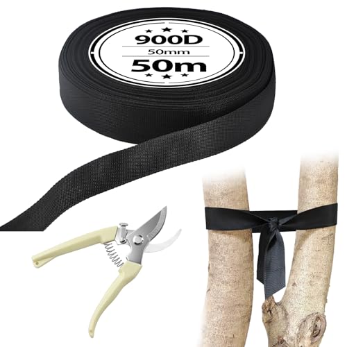 Yeria Baumbindeband Set 50m x 50mm Baumgurt 900D schwarz Baumband Baumbinder Baumanbinder Baumgurte Baumbänder Gurtband 50mm inklusive gebogener Edelstahl-Gartenschere