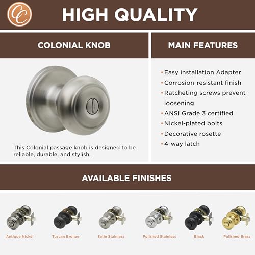 Copper Creek Door Knobs - Round Colonial with Privacy Locking Function - Interior Door Knobs for Home Improvement - Locking Door Knob for Bedroom & Bathroom - Satin Stainless - 1 Pack - Thumbnail 6