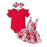 Tepuce Baby Girl Clothes 0-3 Months Cute Summer Outfits Short Sleeve Romper Overall Floral Skirt Dress Headband, Red Floral Girls Skirt Set 0-3M