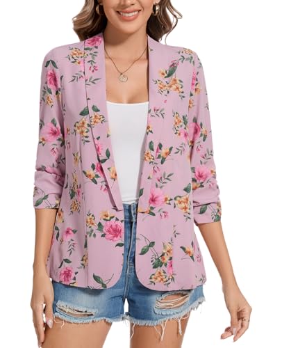 MINTLIMIT Chiffon Blazers for Women Dressy Shawl Collar Blazer Jacket Open Front Casual Fitted Suit Jackets(Floral Pink, M)