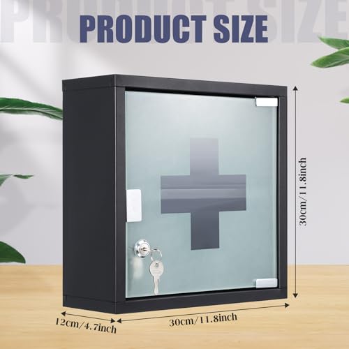 Botiquín de pared con cerradura Huwena, 2 unidades, para medicamentos y primeros auxilios, con 2 estantes, puerta de vidrio de seguridad, para baño (negro) miniatura 3
