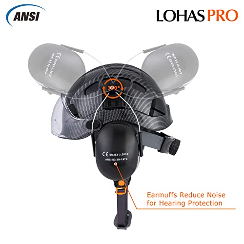 Arborist Forestry Helmet Safety Hard Hat With Visor And Ear Muffs Carbon Fiber Hard Hat For Logging Chainsaw Helmet Mowing(Black Graphite Pattern With Clear Visor+Earmuffs) #TOP2