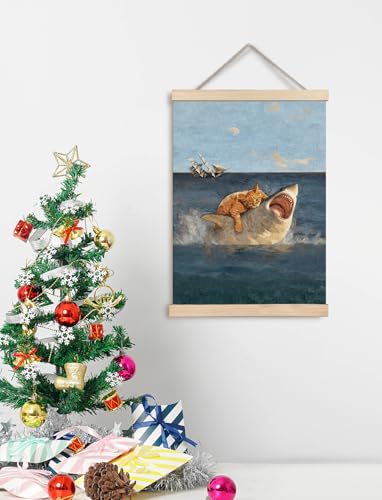 sdfkmlcdl zaiQ Funny Orange Cat vs. Shark Meme Wall Art Decor, Vintage Renaissance Whimsical Cat Nautical Coastal Canvas Prints Artwork for Home Bedroom Living Room Office, 12x16 Inches