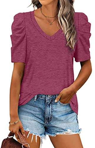 MEDUOLA T-Shirt Col en V pour Femmme Top de Manches Bouffantes Chemise Manches Courtes de Couleur Unie d'été S,vin Rouge Cover
