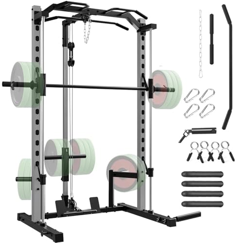 Smith Machine Squat Rack, All-in-One Power Rack Cage with LAT-Pull Down System & Cable Machine, Power Cage with Barbell Bar, Weight Storage and More Attachment