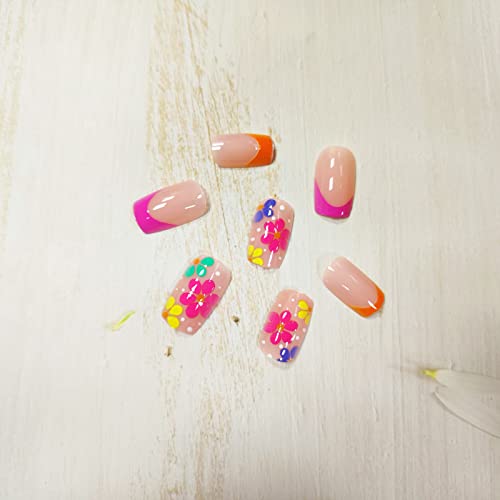 French Tip Press On Nails Square Fake Nails Medium False Nails With Colorful Flower Designs Summer Cute Press On Nails Full Cover Acrylic Nails Stick On Nails Glossy Glue On Nails For Women 24Pcs #TOP3