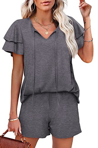 Image of WIHOLL Summer Outfits for Women 2 Piece Short Sleeve V Neck Lounge Sets Casual