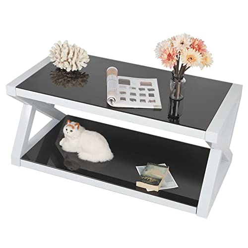 Table basse moderne en verre avec double plateau de rangement optimisé noir et blanc - 4