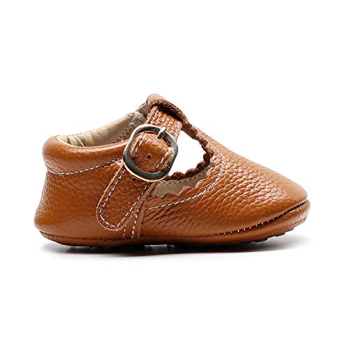HONGTEYA Leather Leopard Baby Shoes Hard Sole T-Strap Boys Girls Moccasins for Infants Babies Toddlers (6-12 Months/ 5 M US Toddler, Brown)