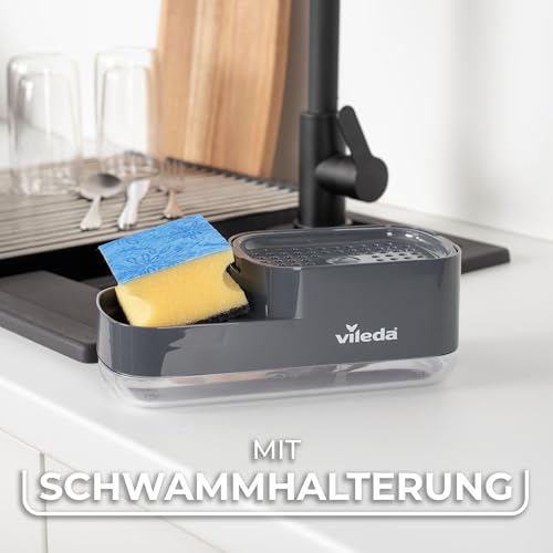 Vileda Pump Spülmittelspender mit Schwammhalter - Praktische 2-in-1-Lösung für die Küche - integrierter Seifenspender für einfaches Dosieren mit Einer Hand - Robustes & Langlebiges Design