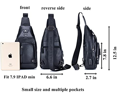 BULLCAPTAIN Men Crossbody Bag with USB Charging Port Genuine Leather Shoulder Sling Chest Bag Travel Hiking Backpack (Black)4