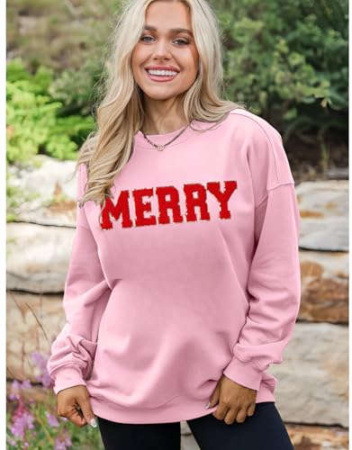 MAPICK Merry Chenille Sweatshirts for Women Christmas Crewneck Oversized Sweater Cute Long Sleeve 2025 Clothes(Pink,XX-Large) — view 5