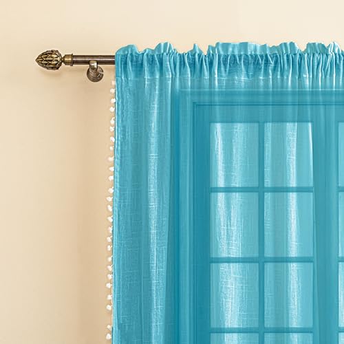 Image of HOMEMONDE Sheer 10 Feet Curtains with Decorative Side Border Pompom Curtain for Long Door, Linen Textured Light Filtering, Rod Pocket, 1 Piece - (304 CM, Blue)