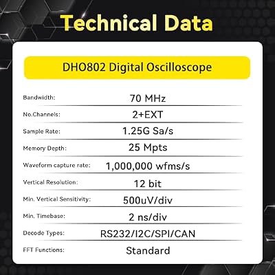 RIGOL Digital Oscilloscope DHO802 70 MHz 2-Ch + EXT Trig 1.25 GSa/s 12-bit 25 Mpts UltraAcquire 1,000,000 wfms/s 7 Touch LAN/USB/HDMI Web Control SCPI for Troubleshooting MCU CAN
