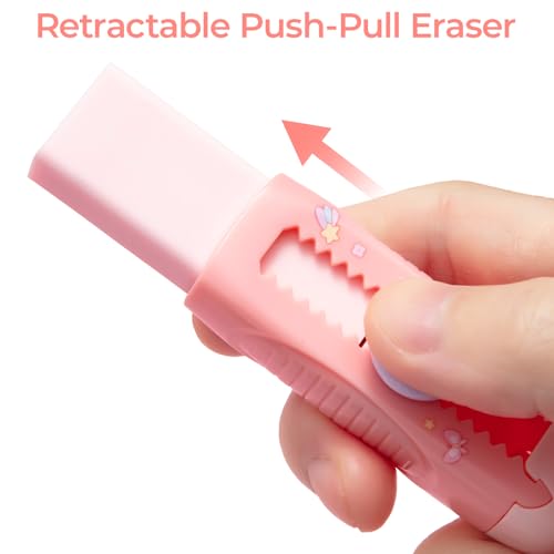 Image of M&G 2+4 Pack Rubber Erasers Sliding Retractable Eraser, 2 Pack Cute Erasers Push Pull Large Pencil Eraser with Plastic Sleeve and 4 Refill Erasers for Students, School Office Supplies (Pink Unicorn)