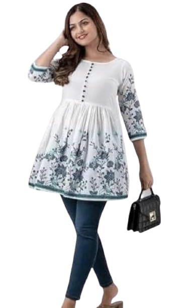 White Floral Short Kurti for Women's Girls-picture-23