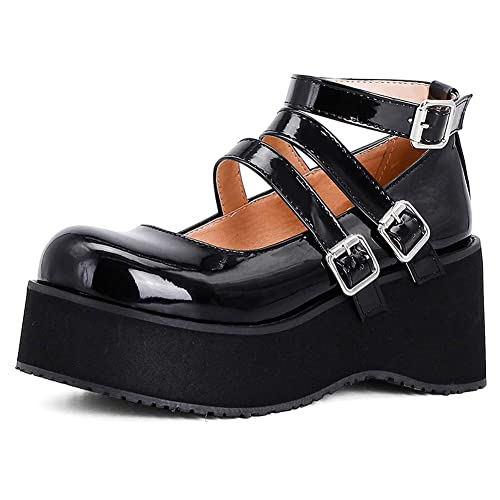 ALFAAL Zapatos de Princesa Lolita Zapatos Mary Jane Plataforma Gruesa de Mujer Dulce Punta Redonda Tacón Grueso Correa (Color : Negro, Size : 34 EU)