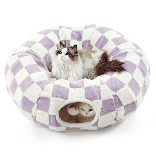 Image of Lesure Cat Tunnel Bed for Indoor Cats - Cute Cat Donut Tunnel Toys for Small Large Cats with Washable Circle Cushion, Round Pet Peekaboo Cave Toy for Kitten /Puppy /Rabbit, Standard Lavender Checks