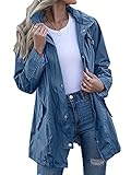 ORANDESIGNE Regenjacken Damen Leicht Jacke Mittellanger Regenmantel Mit Kapuze Kordelzug Reißverschluss Tasten Windbreaker Wetterfest Wasserdicht Outdoorjacke Regenparka A Denim Blue XXL