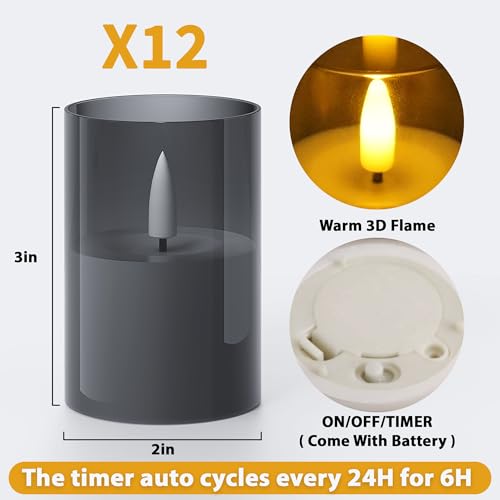 Image of 12Pack Flameless LED Candles with Timer, Battery Operated, Black, 2 inchx3 inch | Small Pillar & Votive Candle with Realistic Flickering Warm Glow for Centerpieces, Wedding Tables, Holiday, and Home Decor