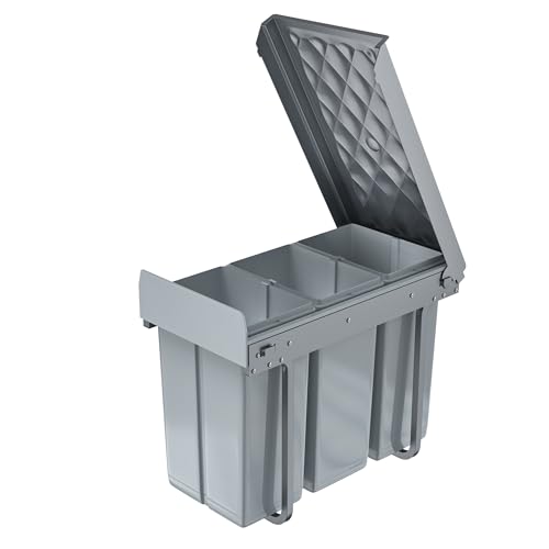 LILIIN Armario empotrado para cubo de basura de cocina, cubo de basura para residuos de cocina, mueble bajo con cajón extraíble, sistema de separación de basura con guías telescópicas, gris (3x10L)