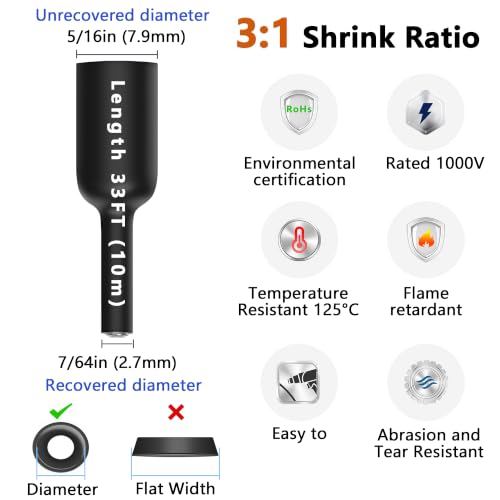Image of 5 /16 inch Heat Shrink Tubing, 33 Ft 3:1 Ratio Adhesive Lined Heat Shrink Tube Roll, Marine Grade Waterproof Shrink Tubing for Automotive and Electrical Industrial Black