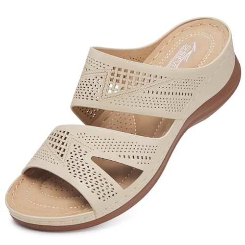 Image of SHIBEVER Wedge Sandals for Women Dressy: Comfortable Summer Casual Walking Sandals - Slip On Open Toe Low Wedge Shoes Size 5-11