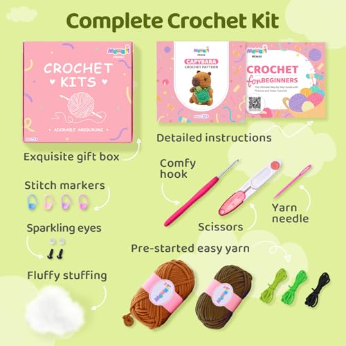 Image of Mewaii Crochet Kit for Beginners Level 1 with 40% Extra Eco-Friendly Pre-Started Easy Yarn, Step-by-Step Video Tutorials for Adults and Kids (Capybara)