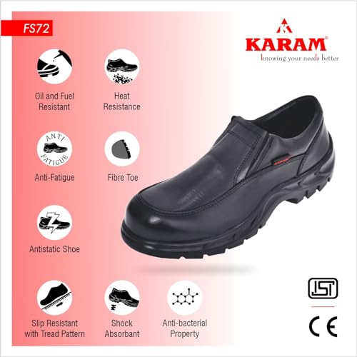 Image of Karam FS72 Slip-On Buff Grain Black Safety Shoes for Men | Single Density & Steel Toe | Black PU Sole | Antistatic, Antislip, Oil & Heat Resistant