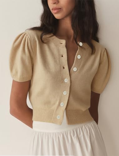 Image of Womens Puff Short Sleeve Cardigan Sweaters Cropped Button up Lightweight Y2k Knit Summer Cardigans