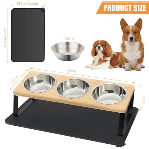 Katzennapf Erhöht,Katzennapf 3er Set mit Napfunterlage Silikon,Fressnapf Futterbar mit Holz Ständer, Edelstahl Näpfe für Wasser Futter - Futternapf für Katzen,kleine Hunde