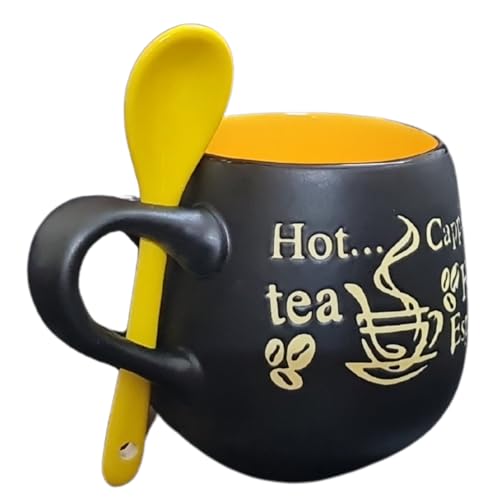 Image of HiTechMart Ceramic Coffee Mug with Spoon - Stylish Black & Yellow Cup for Tea, Cappuccino, Espresso - Embossed Design, Unique Gift for Coffee Lovers Colour May Vary