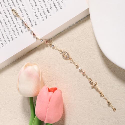 Rosary Bracelet for Women, Adjustable Virgin Mary Bracelet Dainty Virgen de Guadalupe Jewelry Ideal Religious Catholic Jewelry Gift for Confirmation Baptism First Communion Godmother3