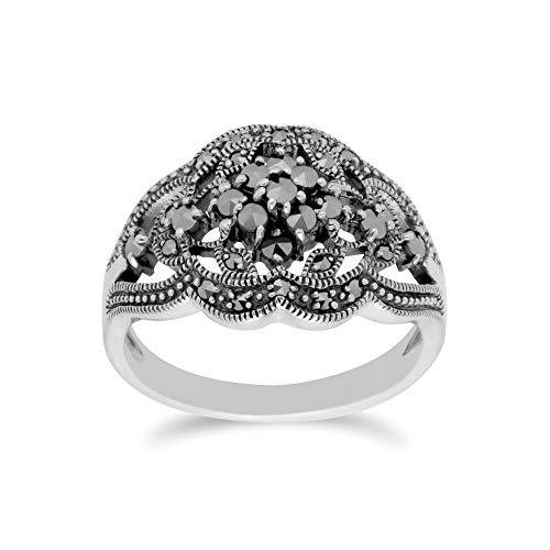 Gemondo Sterling Silver 925 Art Nouveau with Cluster Prong Set Marcasite Filigree Classic Statement Ring Size 5, 6, 7, 8, and 9