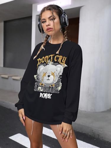 Image of CHKOKKO Oversized Round Neck Drop Shoulder Printed Polyester Full Sleeves T-Shirt for Women