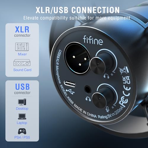 Image of FIFINE Dynamic Podcast Microphone Set with Boom Arm Stand, Studio XLR /USB Microphone for Recording Vocal Streaming, Metal Mic with Mute Tap, Headphone Jack, Heavy Duty Boom Arm-K688T