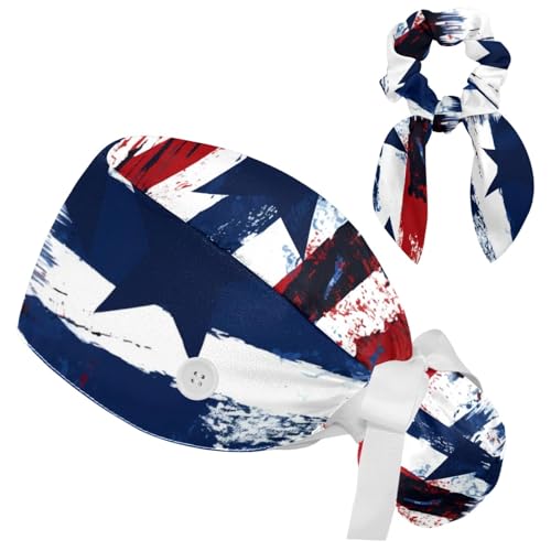 Scrub Caps Women with Button,Adjustable Surgical Caps with Ponytail Pouch,American Flag 4th of July Working Cap with Bow