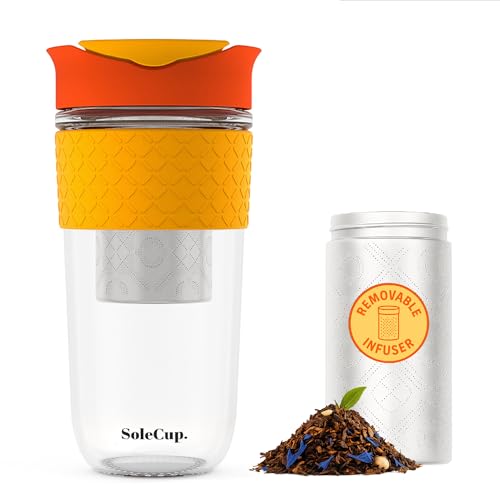 SoleCup Large Travel Mug with Detachable Tea Infuser - Spill-Proof Lid - 18oz/530ml BPA-Free Reusable Glass Coffee Cup with Silicone Band (Red)