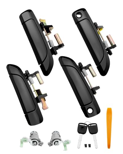 Exterior Door Handles w/ Lock Cylinder & Key, Compatible with 2001-2005 Honda Civic, Smooth Black Outside Front & Rear Left Driver & Right Passenger Side Door Handle Kit, Replace# 72180S5DA02, 4PCS