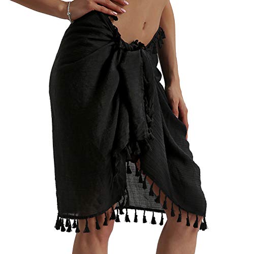 Image of Eicolorte Beach Sarong Pareo Womens Semi-Sheer Swimwear Cover Ups Short Skirt with Tassels