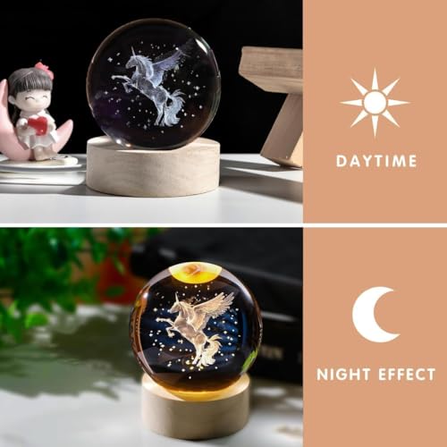 Image of 3D Galaxy Crystal Ball Night Light | Dimmable Engraved LED Glass Ball Table Lamp with USB and Wooden Base for Home Decor, Office, Birthday Gift & Kids Bedroom (Unicorn)