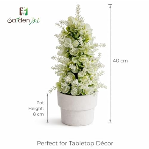 Image of Garden Art Artificial Frosted Eucalyptus Flower Arrangement with Melamine Planter - Decorative Faux Greenery Plant for Home, Office, Tabletop, Desk, Shelf & Living Room Decor (P-0202White)