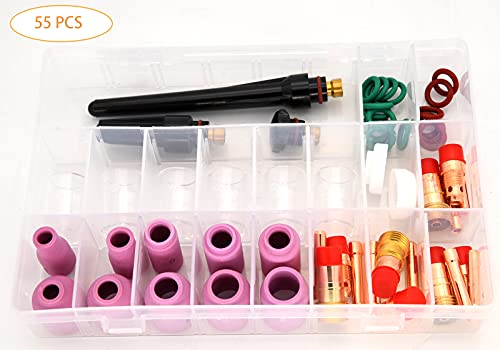 55Pcs Tig Welding Torch Stubby Gas Lens #10 Pyrex Glass Cup Kit For Db Sr Wp-17/18/26 Tig Welding Torch,With Cup+Back Cup+Nozzle+Collet+Collet Body+Gas Lens+Cup Gasket #TOP1