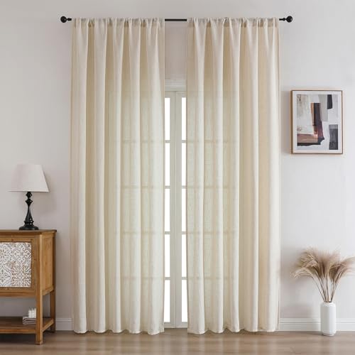 CUCRAF Natural Linen Non See Through Semi Sheer Privacy Curtains 96 Inches, Light Filtering Curtain for Bedroom Living Room, 2 Panels Set Rod Pocket & Back Tab Window Drapes (52 x 96 Inch, Linen)