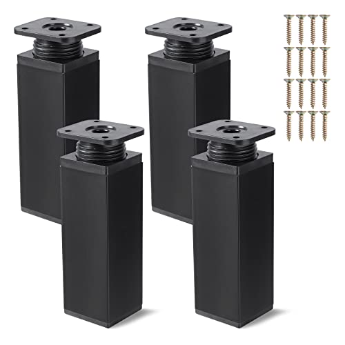 Niviy Pied de Meuble Reglable 4 Pièces Pieds de Meubles en Aluminium avec Plaque de Fixation Pied de Table Carré Noir pour Pieds d'armoire Pieds Buffet Pieds D'étagère 120 mm Vis Inclus Cover