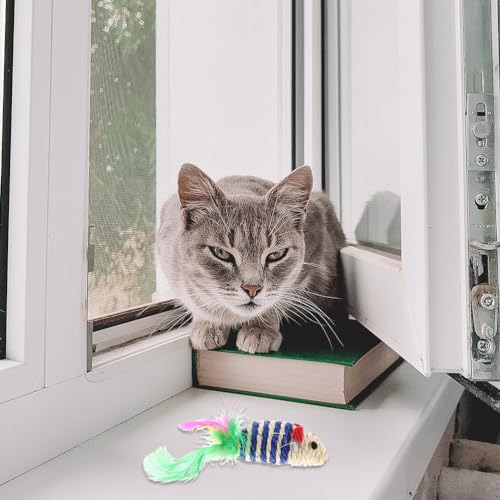 LOGOFUN 6pcs Cat Mouse Toys Sisal Mouse Shaped Toys Sisal Mice Toys with Feather Kitten Teething Toy for Pet Supplies - Pink+Blue